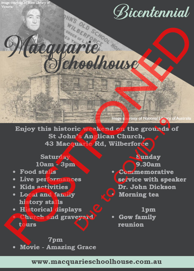Macquarie Schoolhouse Bicentennial - Postponed due to COVID-19 - Gow Family - Wilberforce NSW