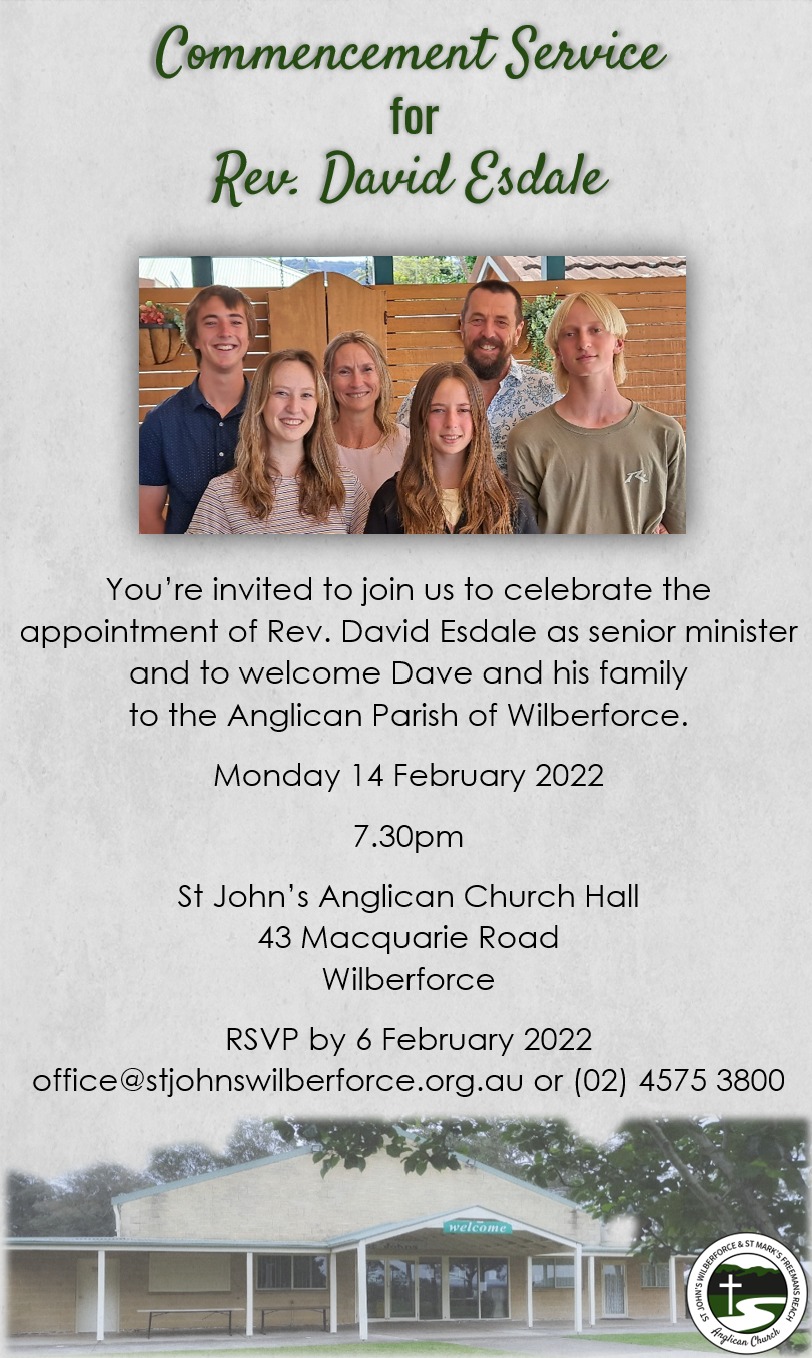 Invitation to the commencement service for Rev David Esdale